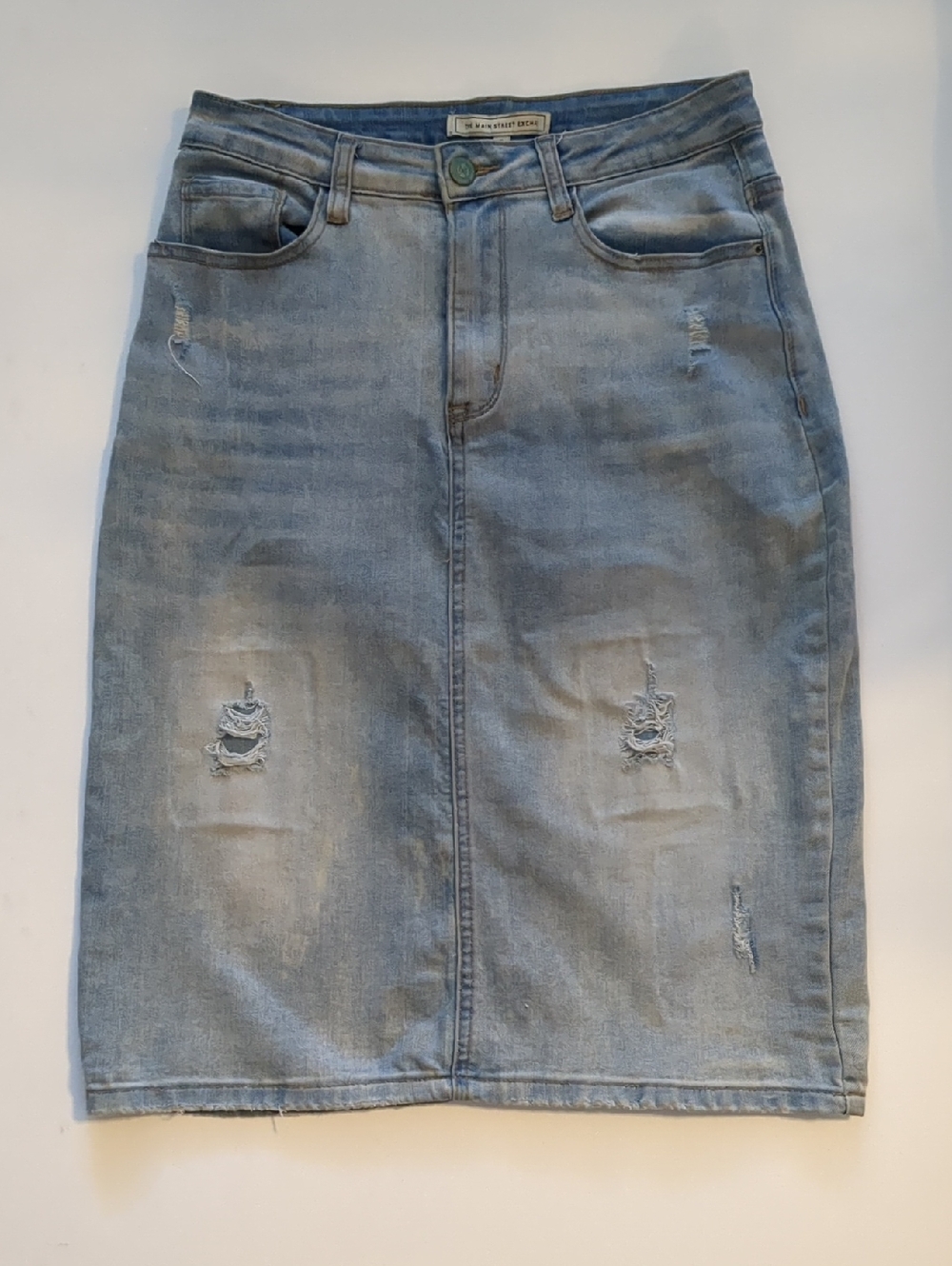 Light Blue Distressed Denim Pencil Skirt
